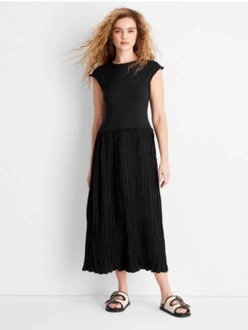 Future Collective Black Cap Midi Maxi Pleated Crinkle Skirt Dress NWT 1x